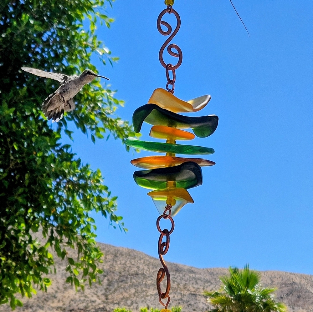 Hand crafted beautiful green and yellow with textured copper tree Ornament.